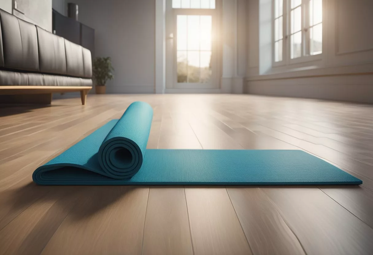 A yoga mat, resistance bands, dumbbells, and a water bottle on a clean, well-lit floor