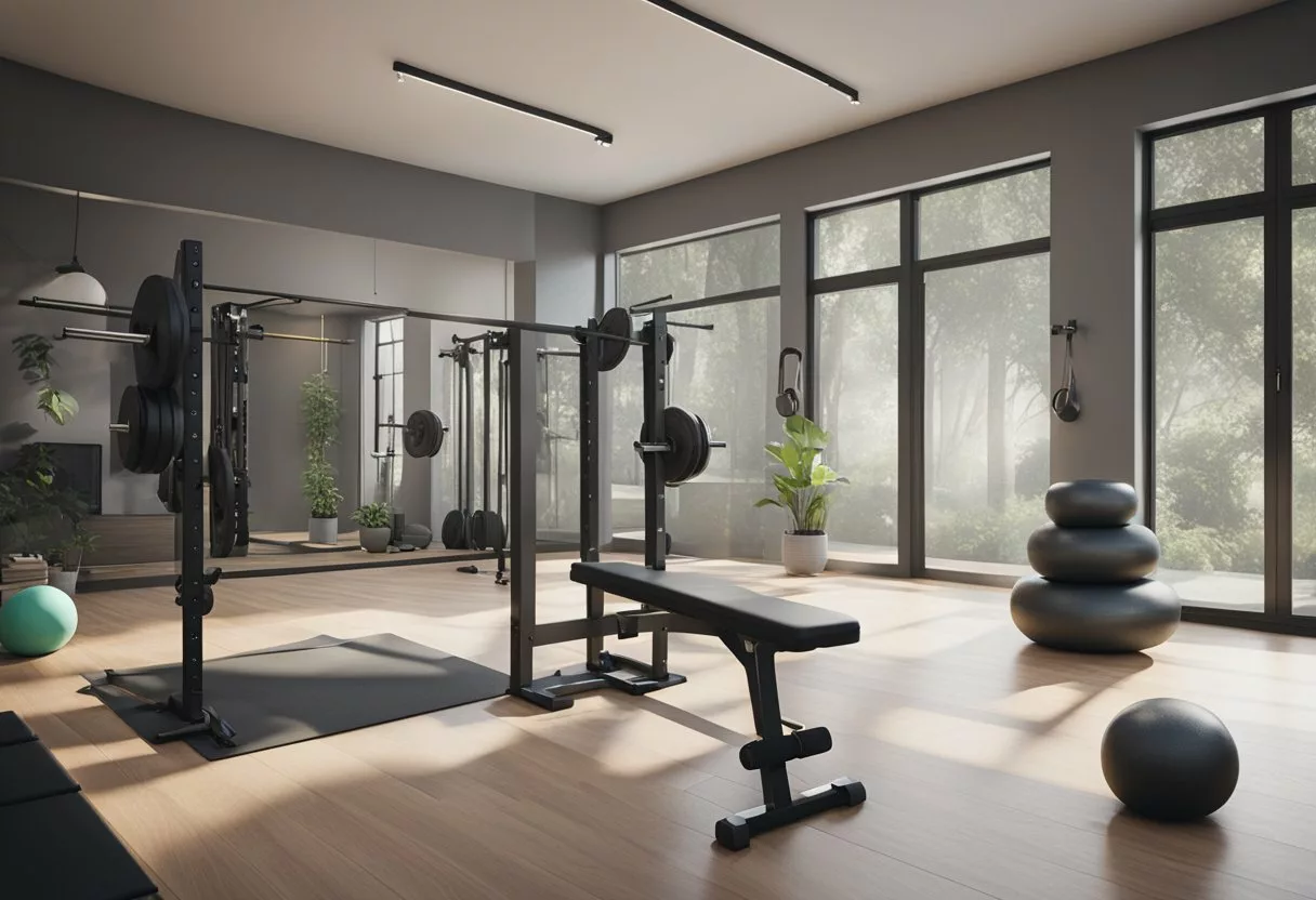 A home gym with weights, resistance bands, and a workout bench. A person is seen lifting weights and doing squats