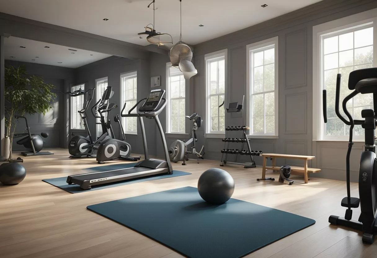 Various exercise equipment arranged in a home gym setting, with focus on specific muscle groups being targeted in each area
