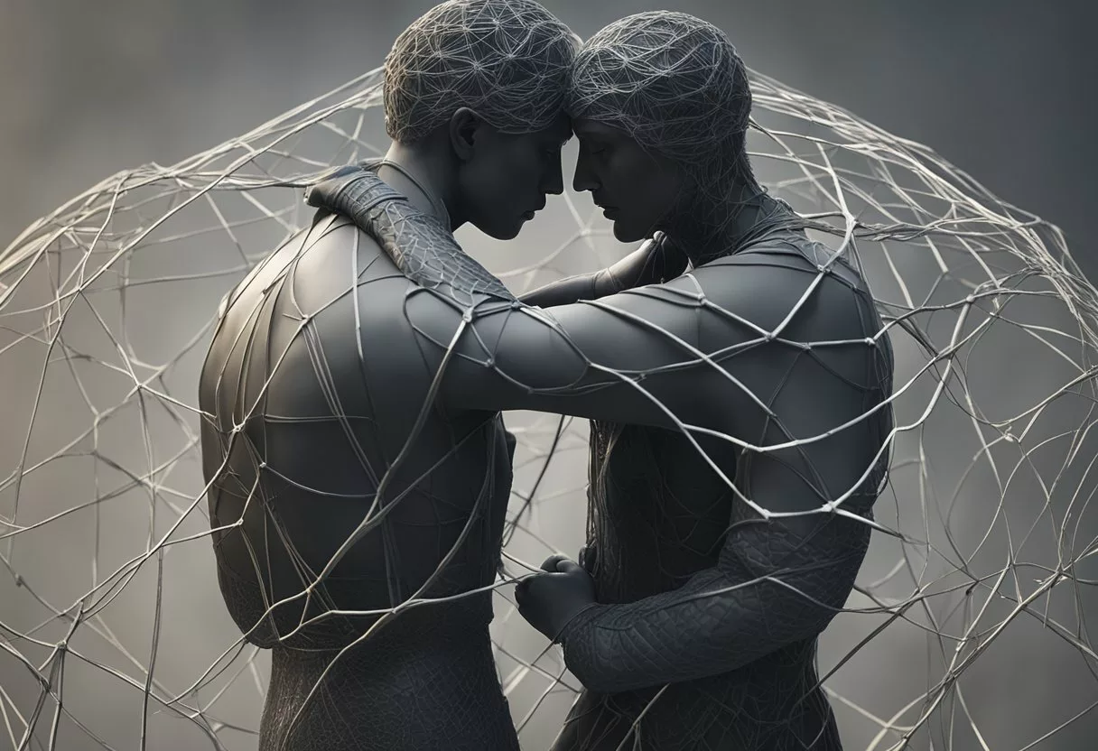Two figures entwined in a tight embrace, their expressions a mix of pain and longing. A web of invisible threads binds them together, creating an unbreakable bond