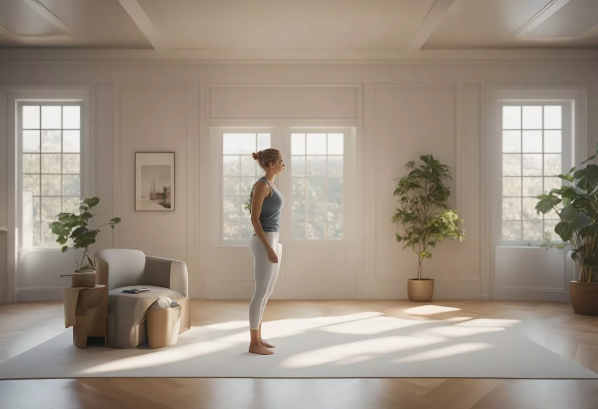 A woman follows a pamphlet, performing pelvic floor exercises in a serene, well-lit room