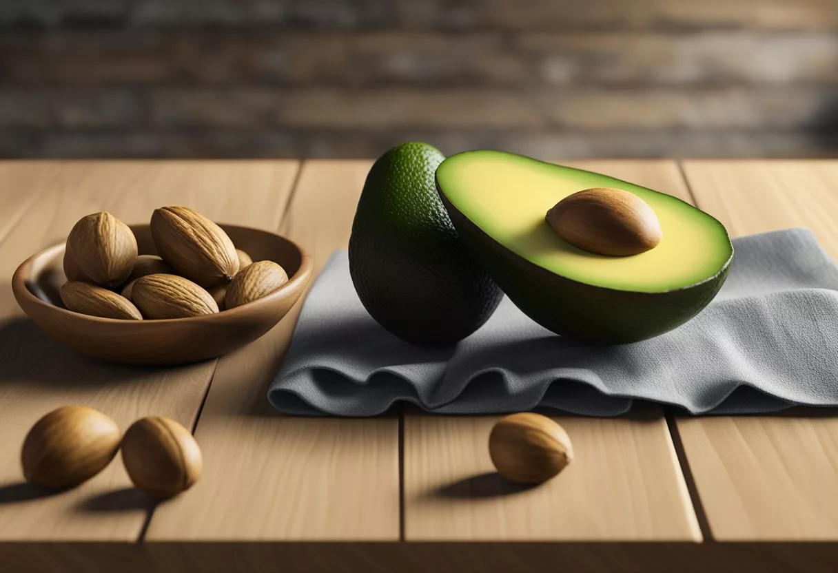 Avocado, nuts, and olive oil on a wooden table