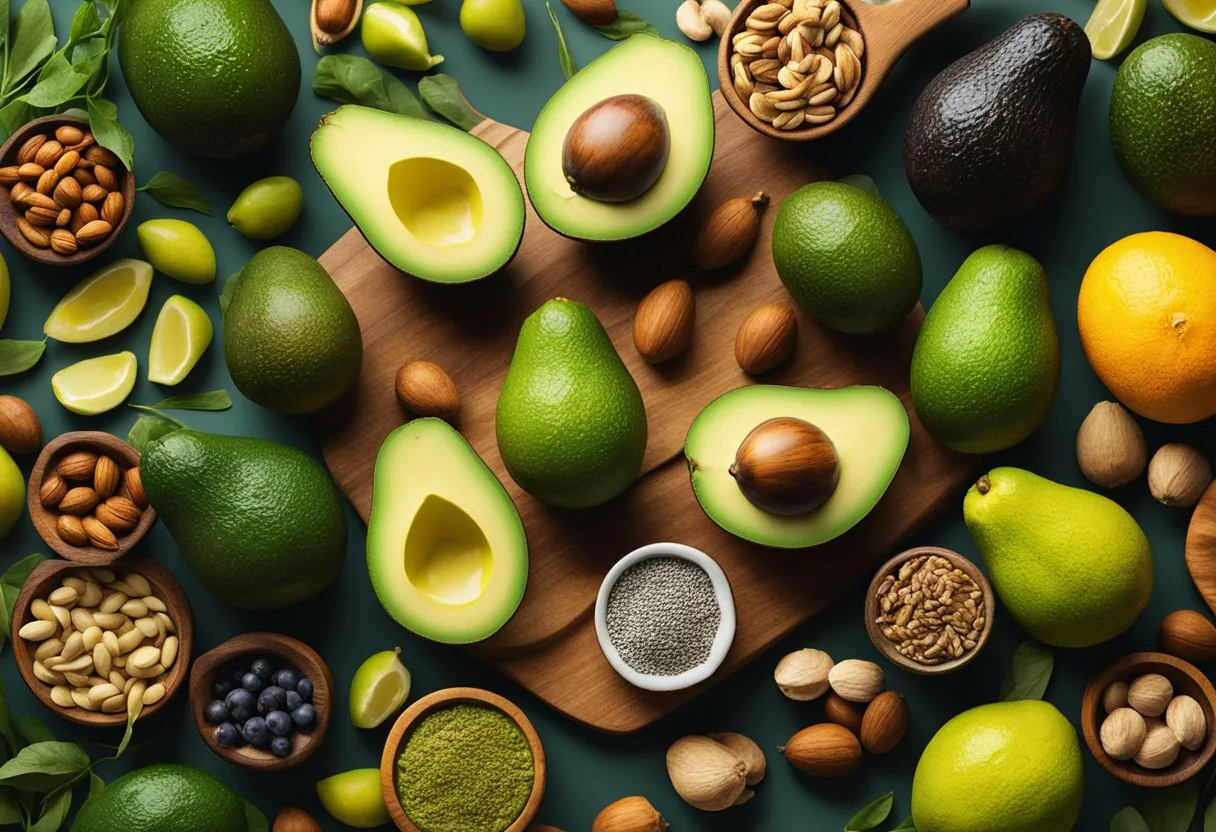 A colorful array of avocados, nuts, seeds, and olive oil on a wooden cutting board, surrounded by vibrant fruits and vegetables