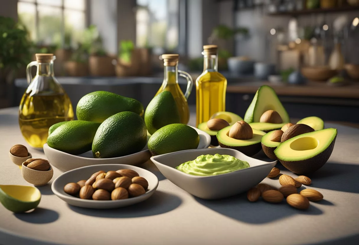 A variety of healthy high-fat foods, such as avocados, nuts, and olive oil, are displayed on a table with vibrant colors and textures