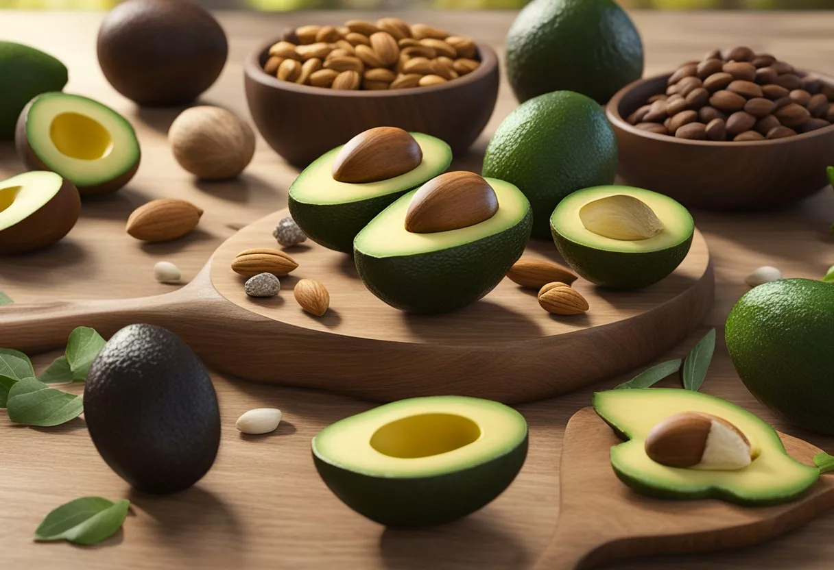 A colorful array of avocados, nuts, seeds, and oily fish on a wooden cutting board
