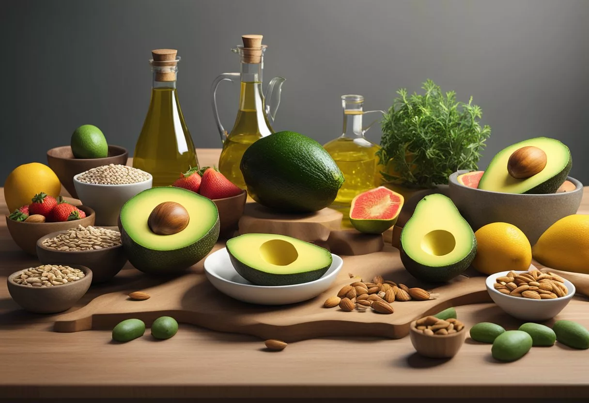 A table with a variety of high-fat foods: avocados, nuts, seeds, olive oil, and fatty fish, surrounded by colorful fruits and vegetables