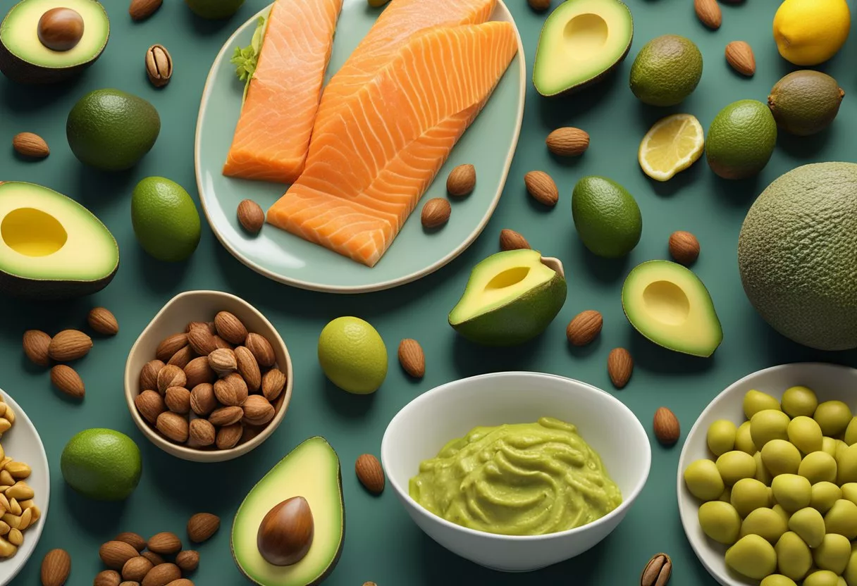A table filled with avocados, nuts, salmon, and olive oil. A colorful plate of high-fat, healthy foods for special diets