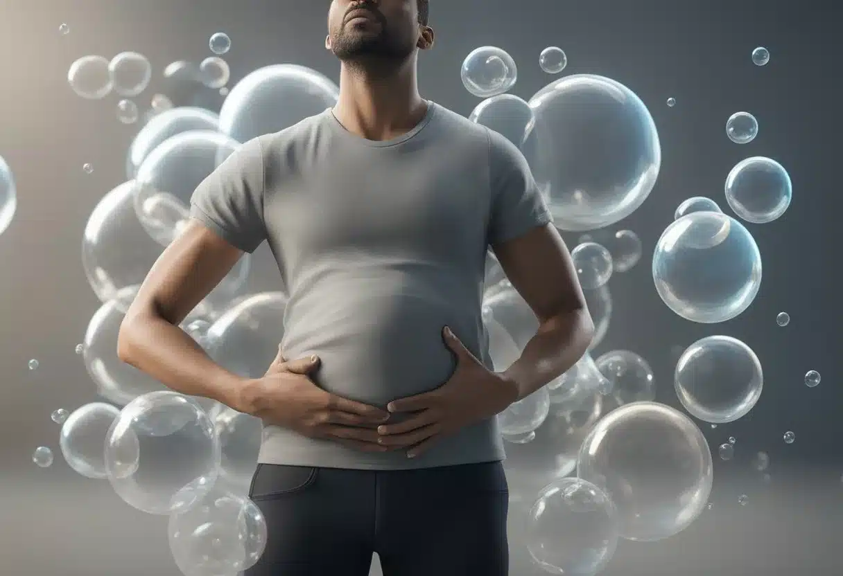 A person holding their stomach in discomfort, with bubbles rising up from their abdomen