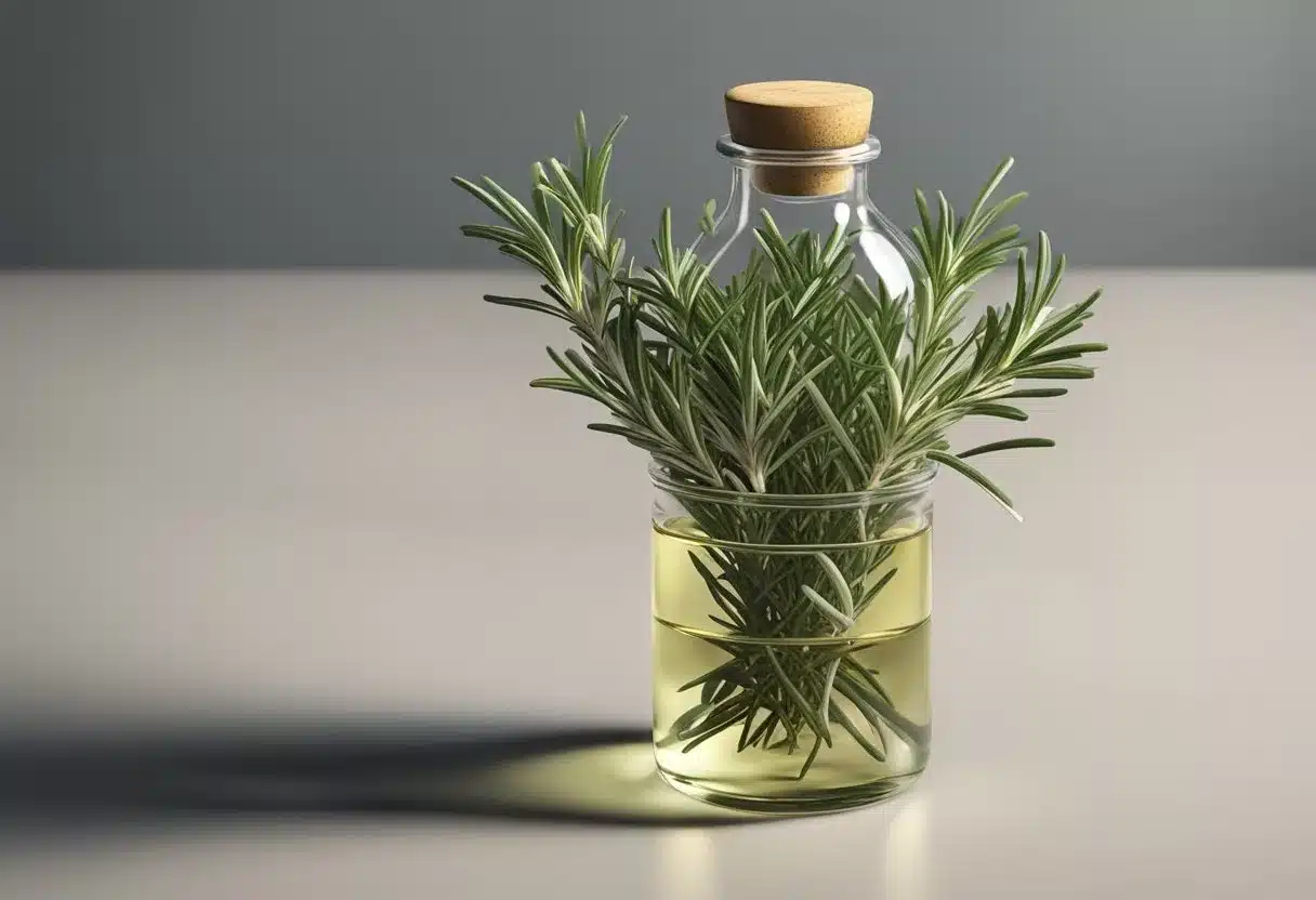 A bottle of rosemary oil with hair strands growing thicker and healthier
