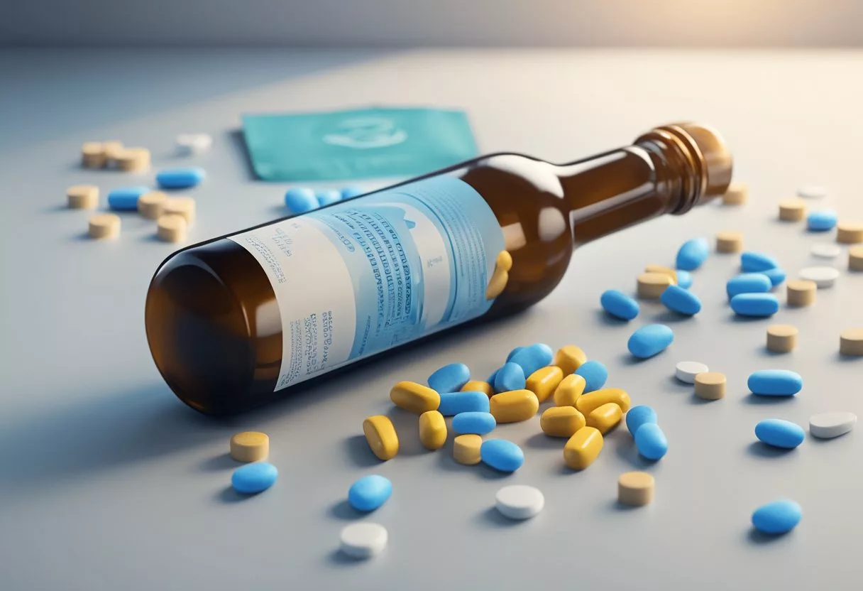 A bottle of Viagra Alternatives sits on a table, surrounded by scattered pills and a glass of water. A medical pamphlet on the benefits and side effects of the medication lies nearby