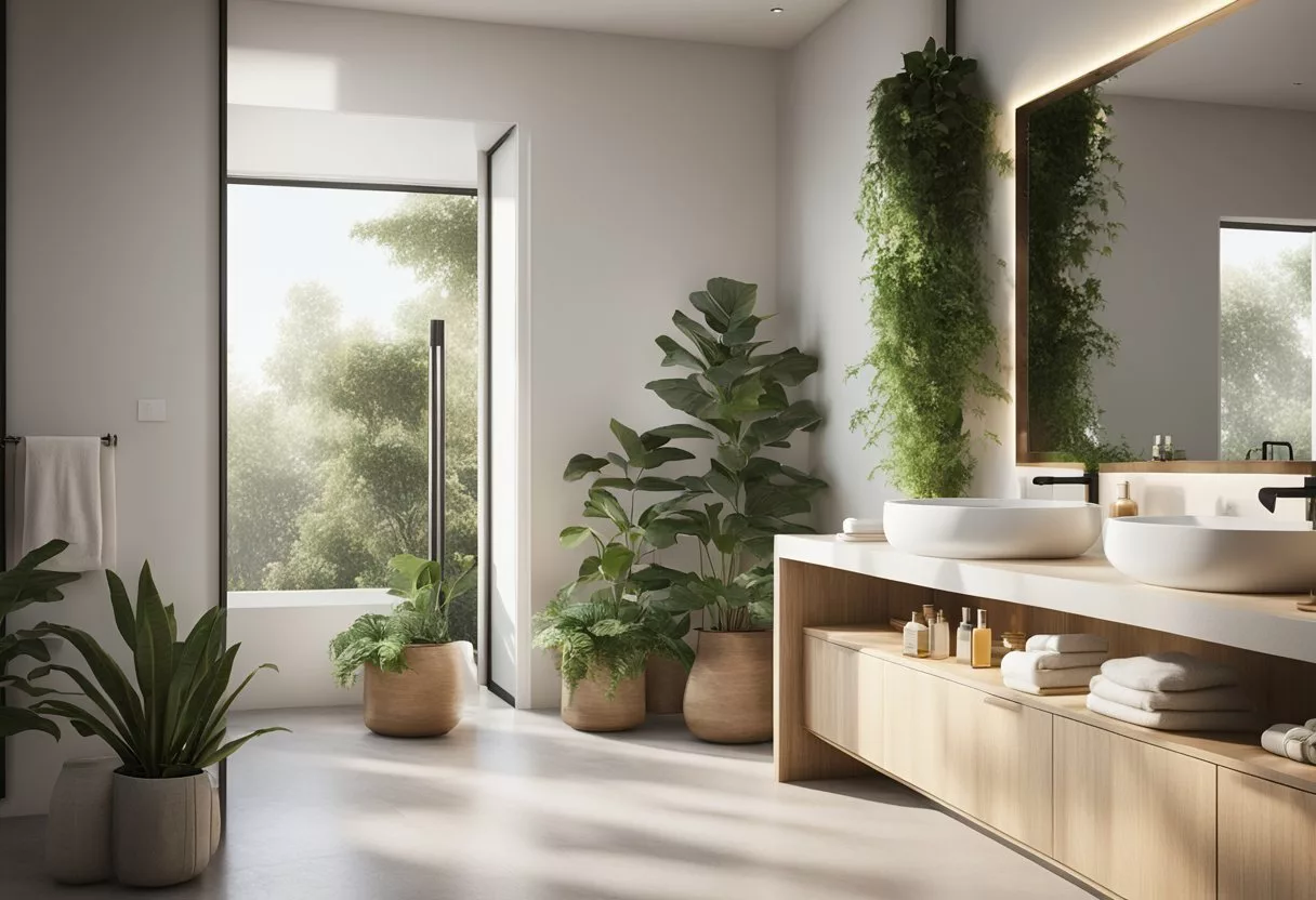 A bright, modern bathroom with natural lighting, plants, and skincare products on the counter