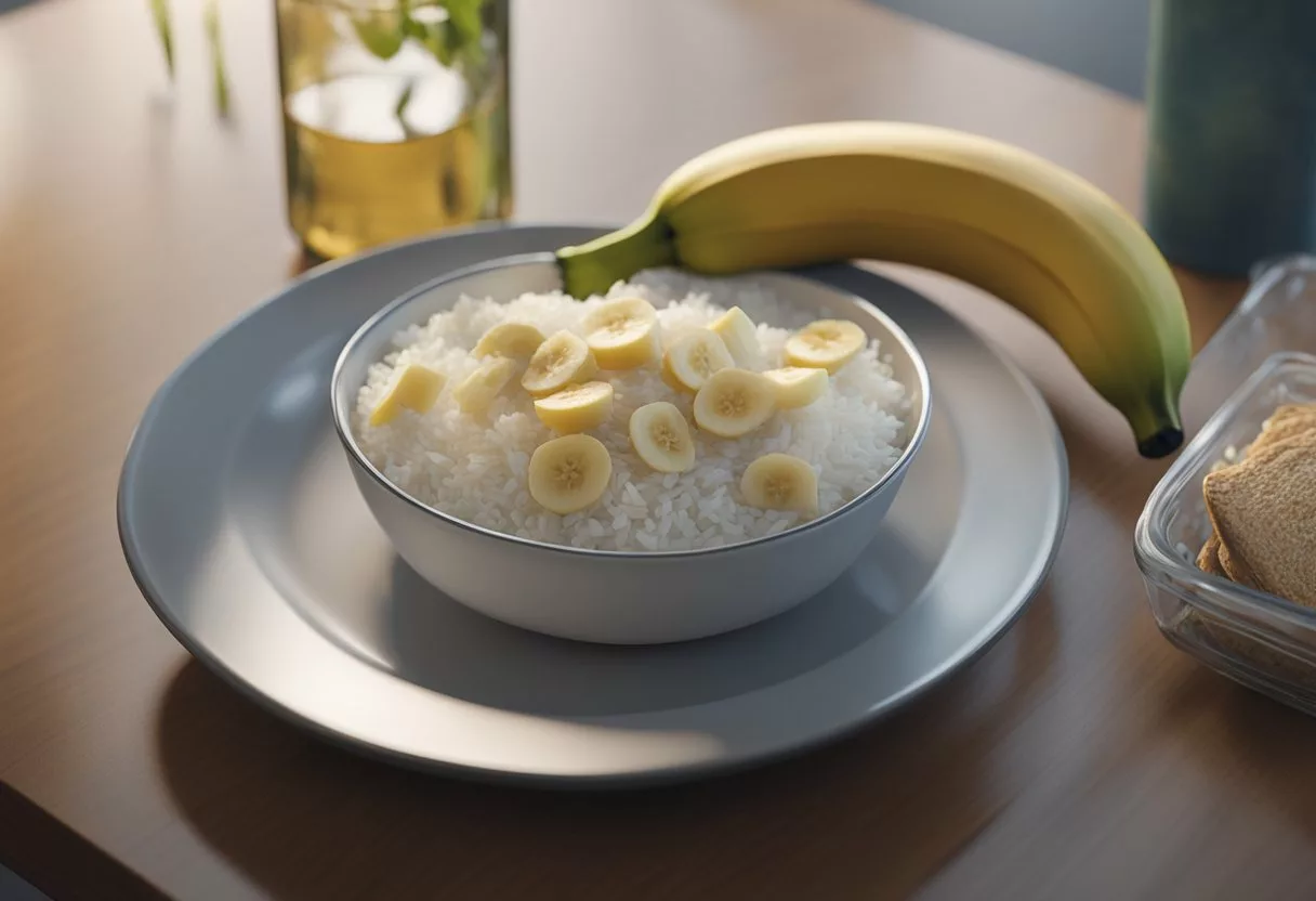 A person's stomach with a bowl of bland, easily digestible foods like rice, bananas, and toast. A glass of water and a bottle of electrolyte solution nearby