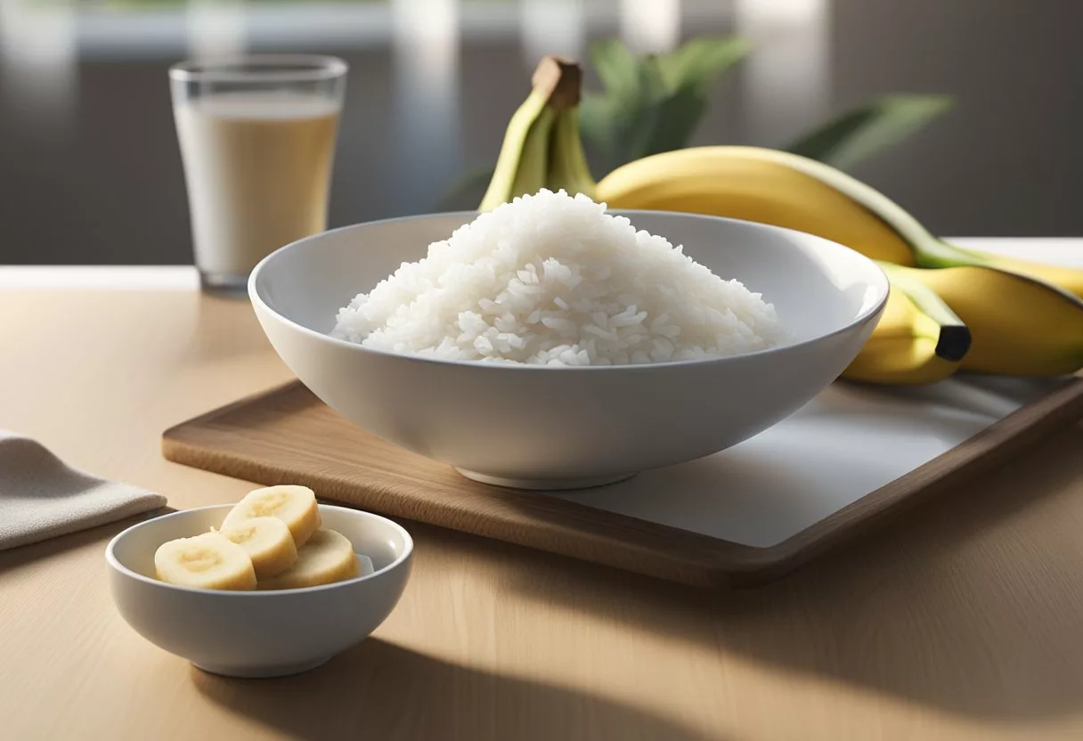 A bowl of plain white rice with a banana and a slice of plain toast on a plate, with a glass of clear fluids next to it
