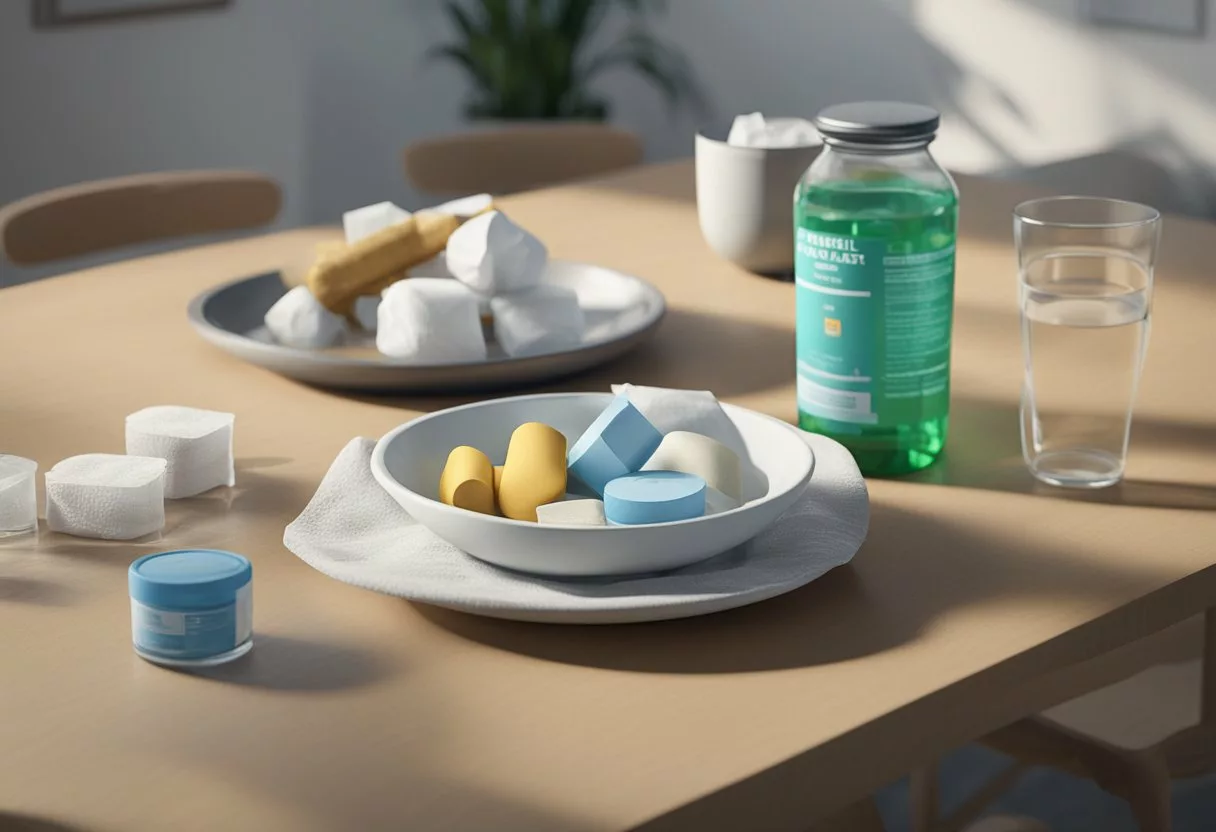 A table with medication bottles and a bowl of bland food, surrounded by a glass of water and a box of tissues