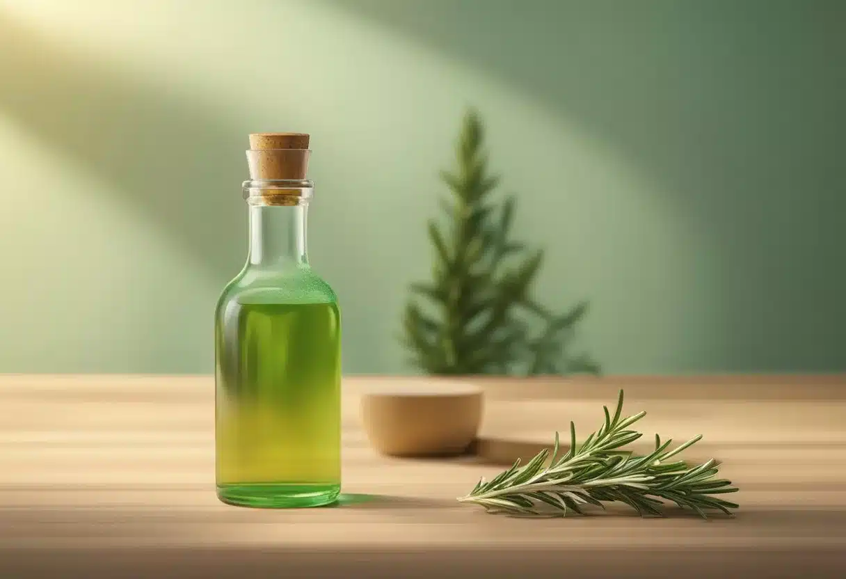 A bottle of rosemary oil sits on a wooden table, surrounded by fresh rosemary sprigs and a soft, pastel-colored background
