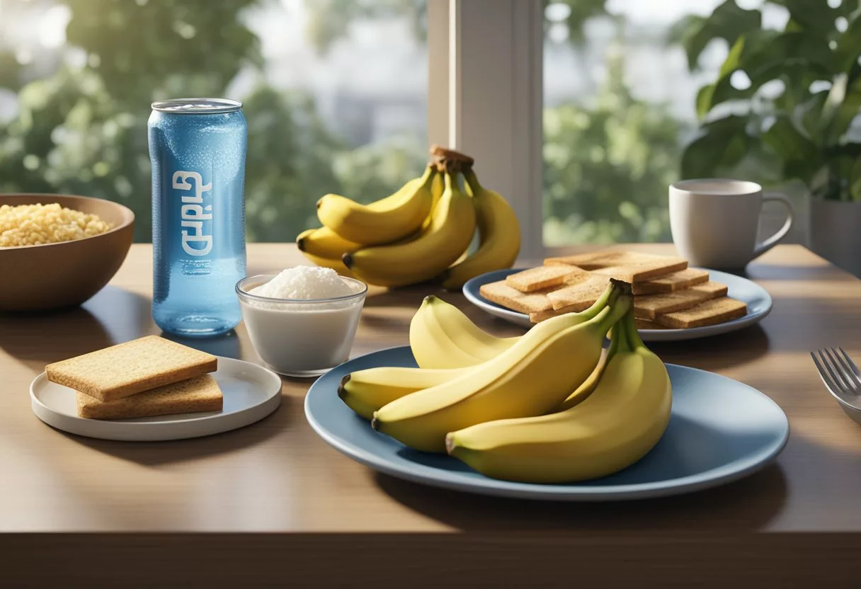 A table with a variety of bland, easily digestible foods: rice, bananas, toast, applesauce, and plain crackers. A glass of water and a bottle of electrolyte drink are also on the table