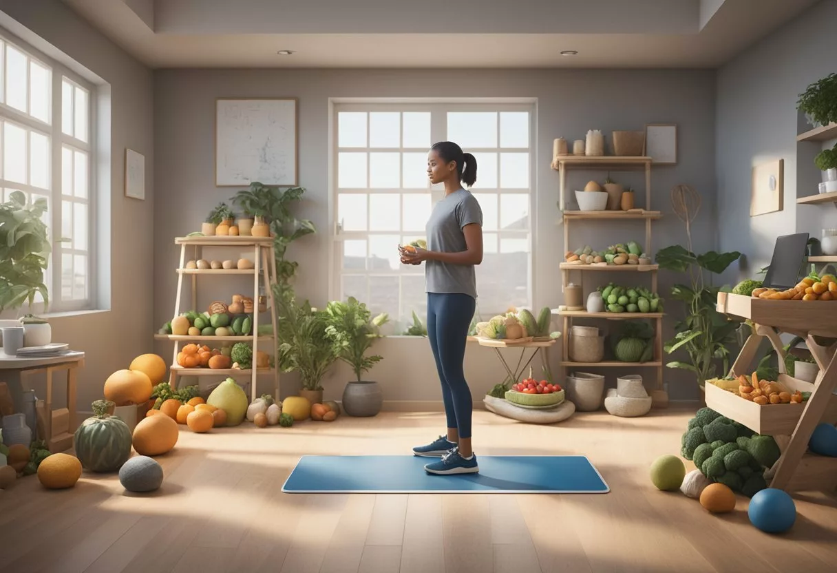 A person standing on a scale, surrounded by various exercise equipment and healthy food items, with a thought bubble containing the question "how many calories should I burn in a day?"