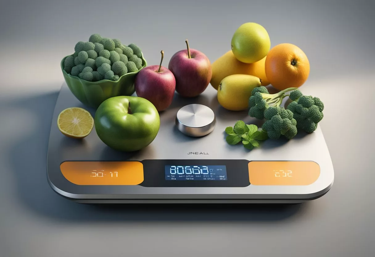 A kitchen scale measures out portions of fruits, vegetables, and proteins. A fitness tracker displays the daily calorie goal