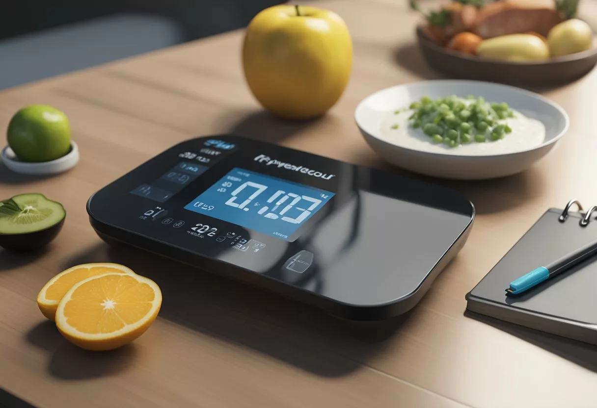 A scale with a calorie counter, a workout tracker, and a healthy meal on a table