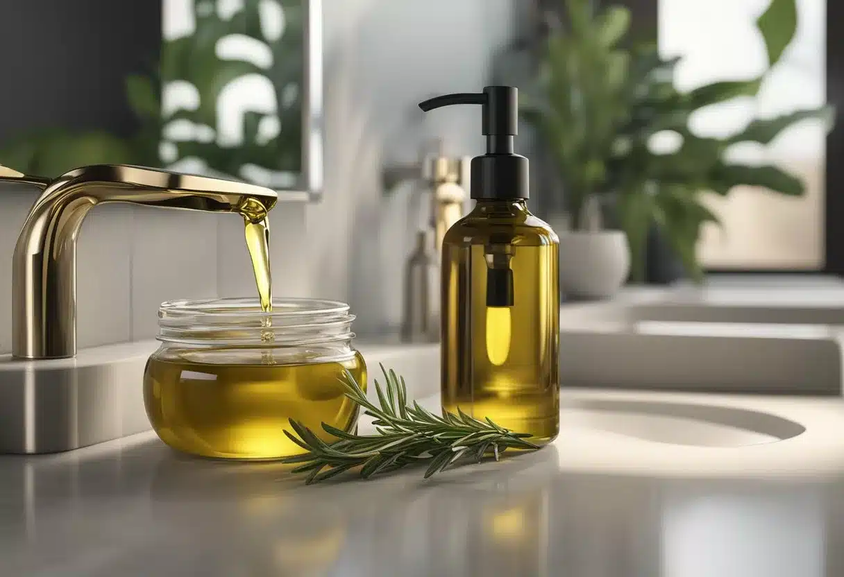 A bottle of rosemary oil sits on a bathroom counter, surrounded by hair care products. A few drops of oil are being poured onto a palm