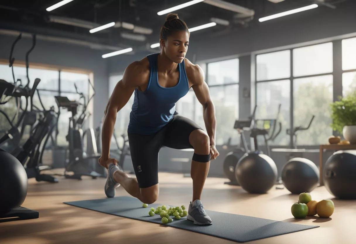 A person exercising in a gym, surrounded by healthy food and a calorie tracker. Sweat drips down their face as they push themselves to burn calories