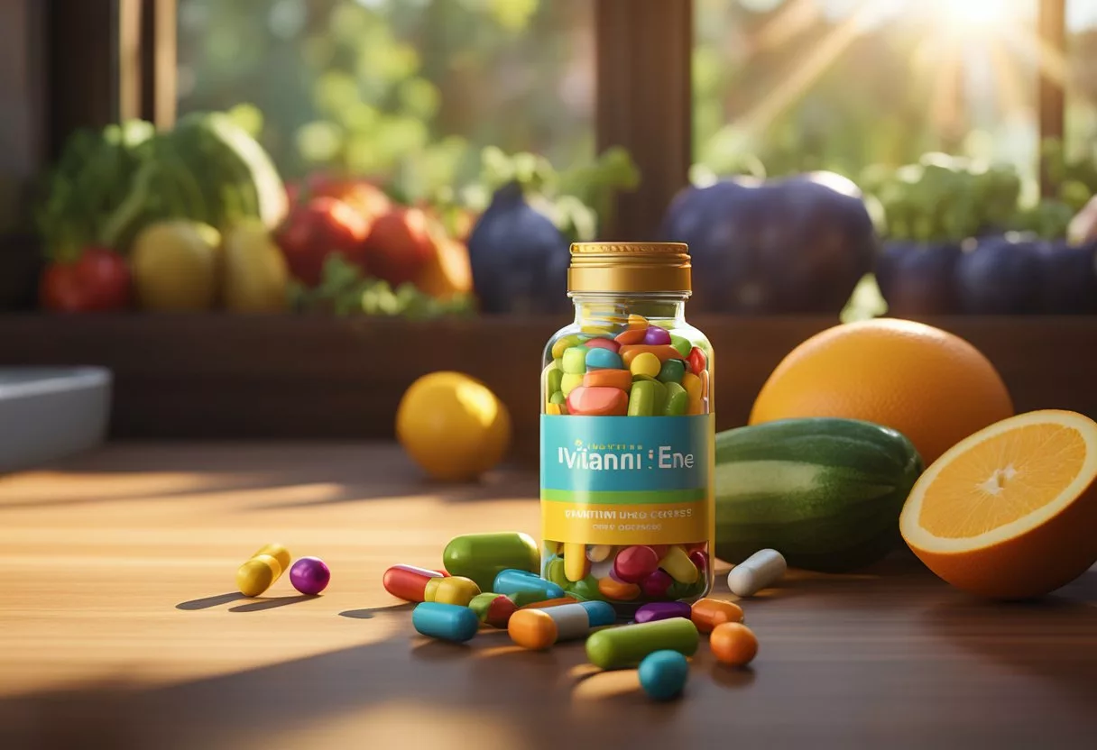 A bottle of vitamin E capsules sits on a wooden table, surrounded by colorful fruits and vegetables. The sunlight streams in through a nearby window, casting a warm glow on the scene