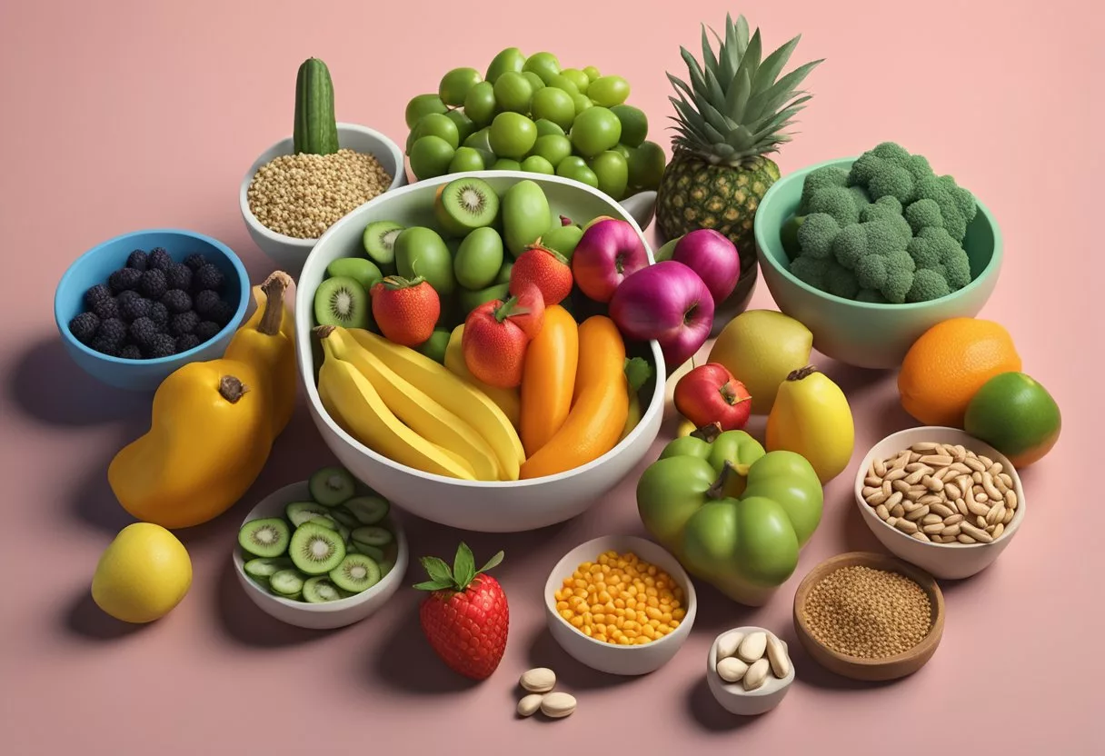 A bowl of colorful fruits and vegetables, with a prominent focus on nuts and seeds, surrounded by bottles of vitamin E supplements