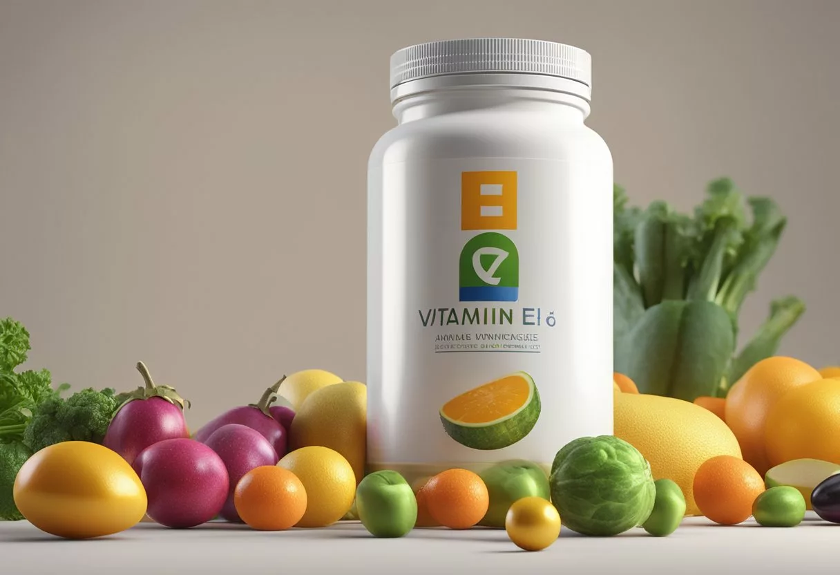 A bottle of vitamin E capsules surrounded by various fruits and vegetables, with a bright and healthy glow emanating from them