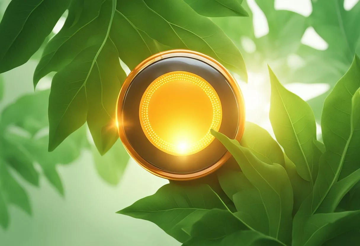 A vibrant orange sunburst radiates from a pill capsule, surrounded by green leaves and a glowing halo, symbolizing the health benefits of Vitamin E