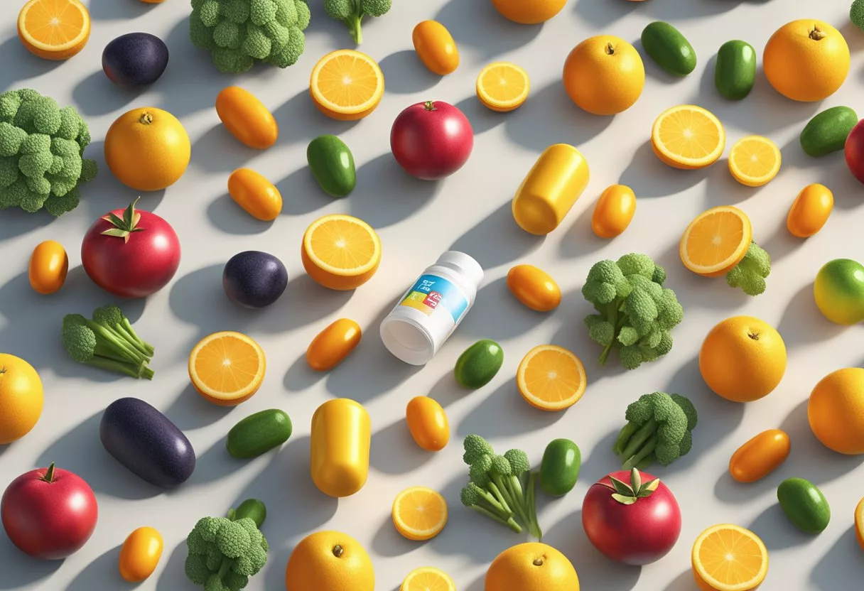 A bottle of vitamin E capsules surrounded by colorful fruits and vegetables, with a radiant sun in the background