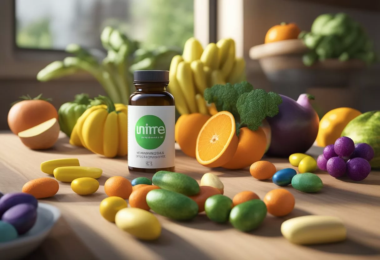 A bottle of vitamin E pills sitting next to a variety of colorful fruits and vegetables, representing the benefits of supplementation and the dangers of deficiency