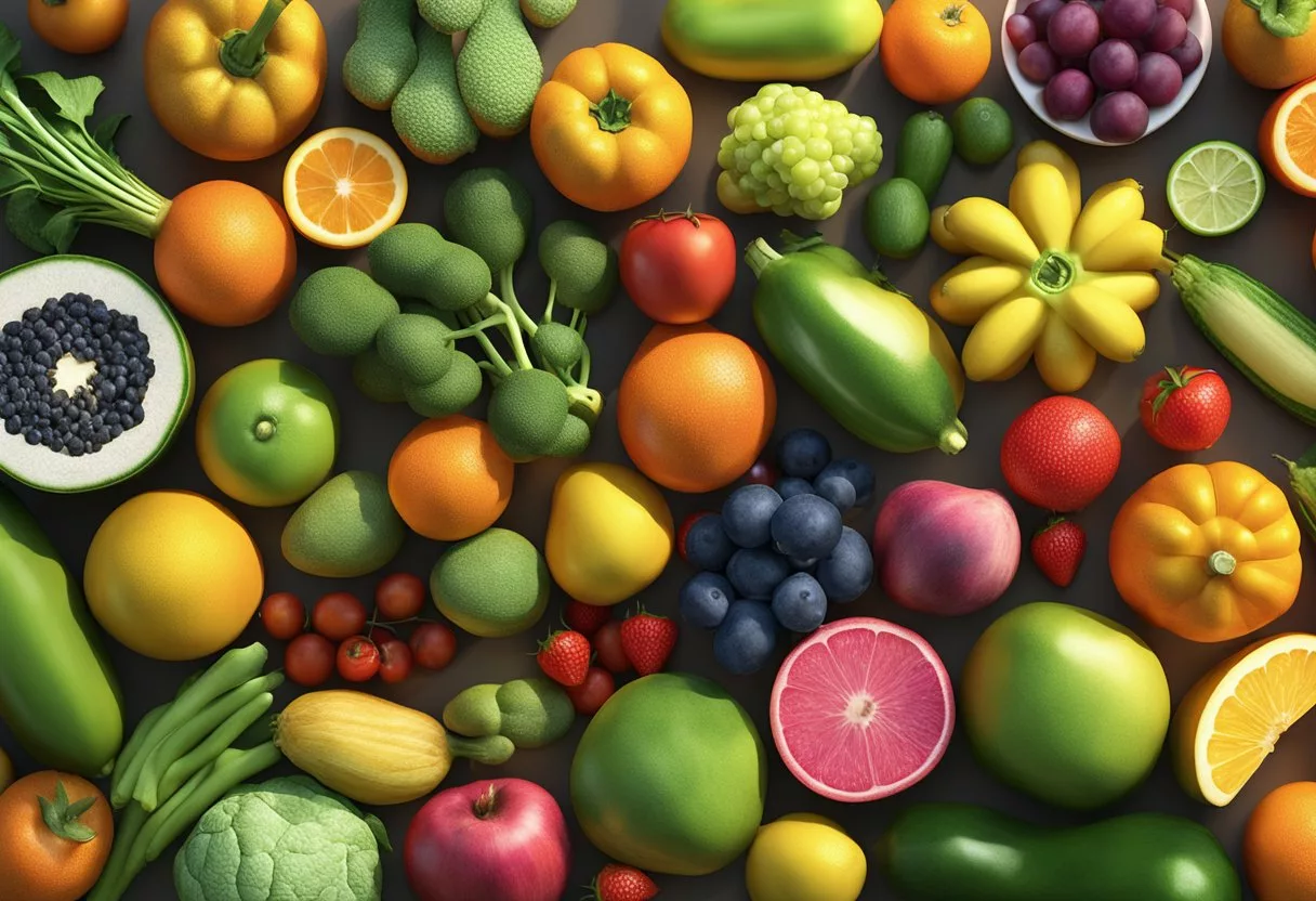 A colorful assortment of fruits and vegetables, rich in vitamin E, surrounded by a radiant glow, symbolizing disease prevention and overall health