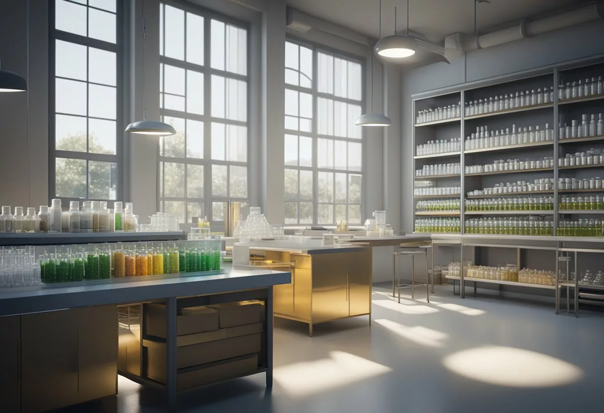 A laboratory setting with various vitamin E supplements and research equipment, showcasing the potential benefits and future directions of the vitamin