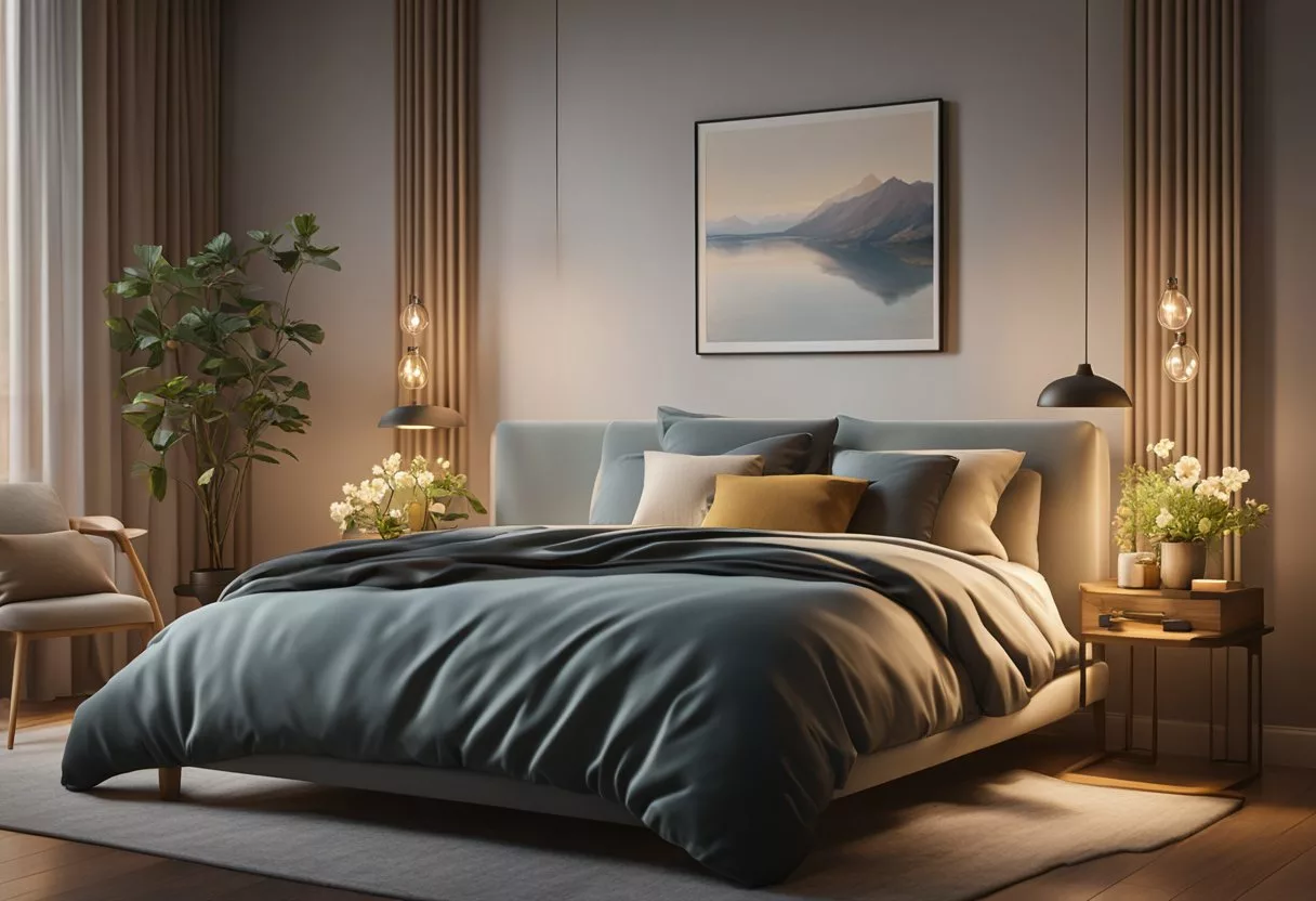 A cozy bedroom with dim lighting, a plush bed, and sensual decor. A vase of flowers sits on a nightstand, casting a soft glow