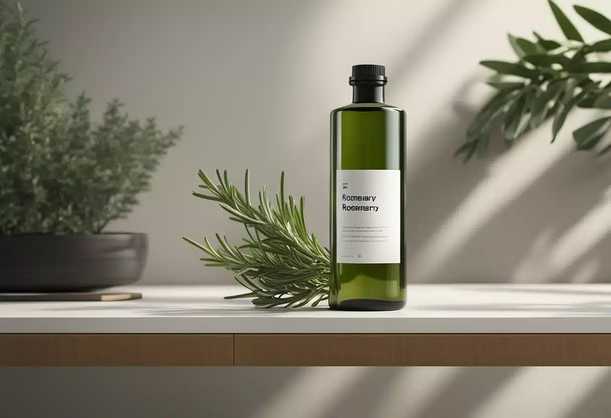 A sleek, modern bottle of rosemary oil sits on a minimalist shelf, surrounded by plants and natural elements. The label features bold, trendy typography