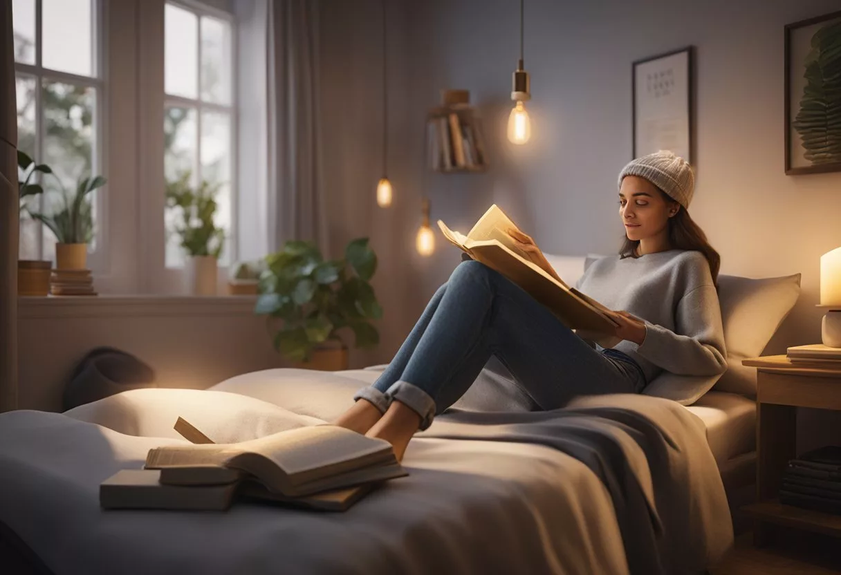 A woman reclines on a bed, holding a book titled "Practical Advice G spot." A warm, cozy atmosphere with soft lighting and a cup of tea nearby