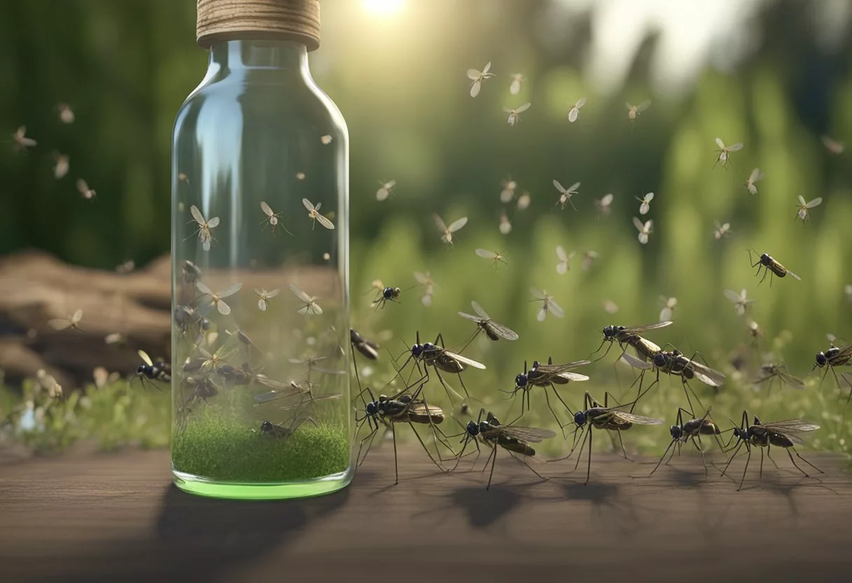 A group of mosquitoes swarm around a bottle of natural repellent, while other insects stay at a distance