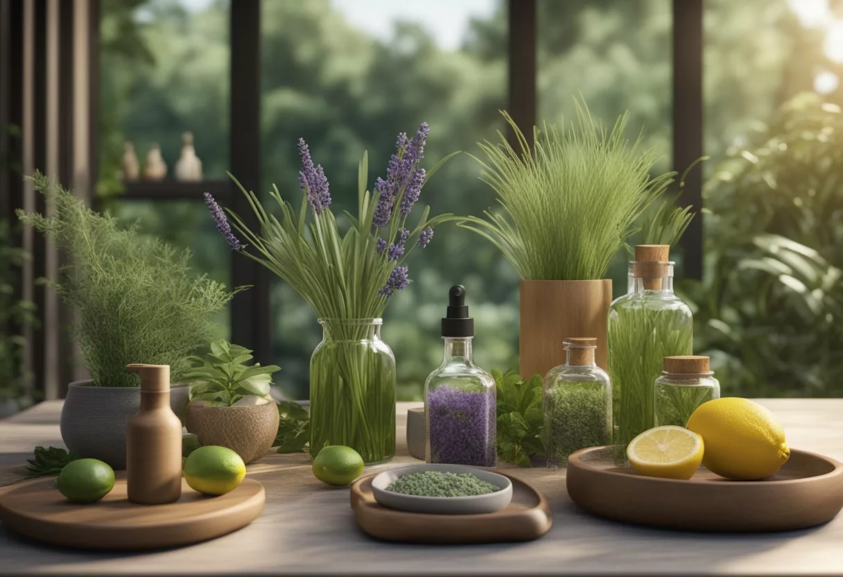 A table with various natural ingredients like citronella, lavender, and lemongrass, along with essential oils and spray bottles, set against a backdrop of lush greenery