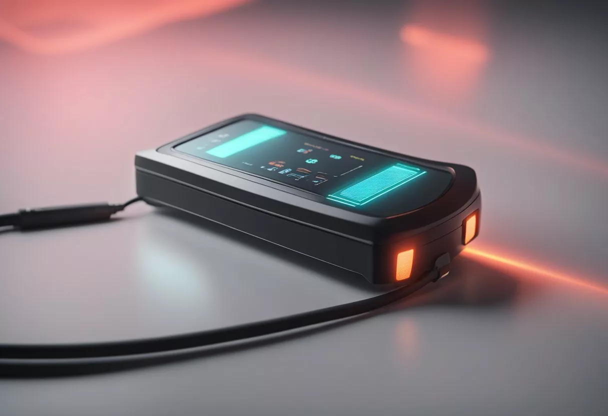 A pulse oximeter emits red and infrared light onto a surface, measuring the absorption to determine oxygen saturation levels