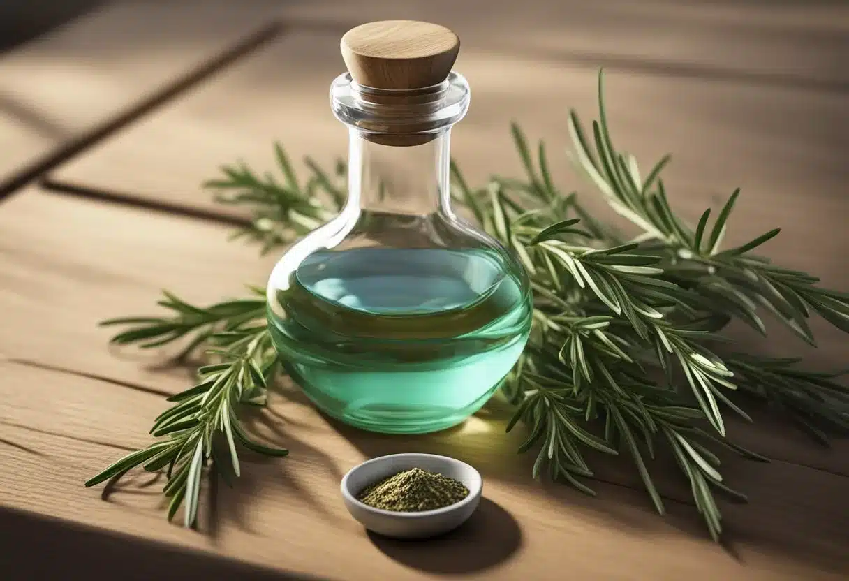 A clear glass bottle filled with rosemary oil sits on a wooden table, surrounded by fresh rosemary sprigs and a mortar and pestle
