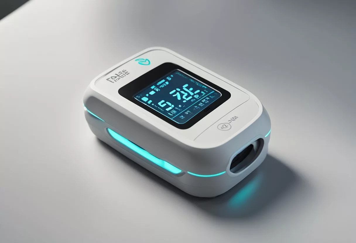 A pulse oximeter device sitting on a clean, white surface with a digital display showing oxygen saturation and heart rate readings