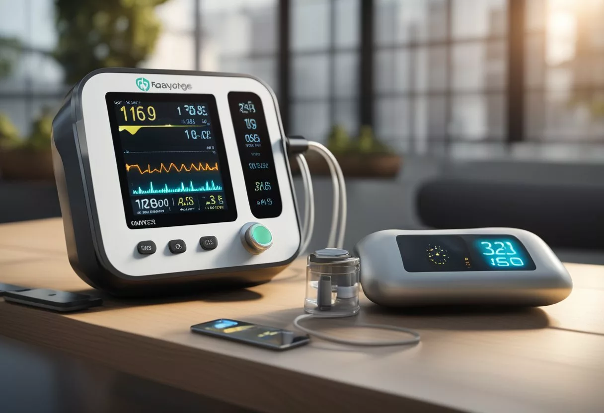 A pulse oximeter resting on a table, with a digital display showing oxygen saturation and heart rate readings, surrounded by medical equipment and a calm, clinical setting