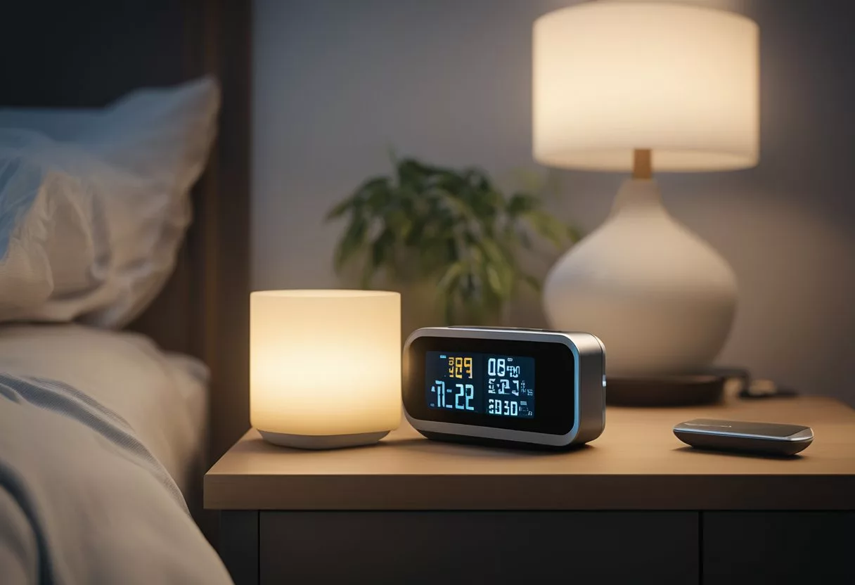A pulse oximeter sits on a bedside table, its digital display glowing softly in a dimly lit room
