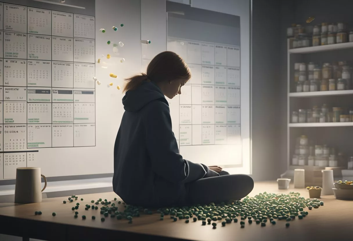 A woman's silhouette, hunched over with fatigue, surrounded by scattered pills and a calendar marked with endless appointments