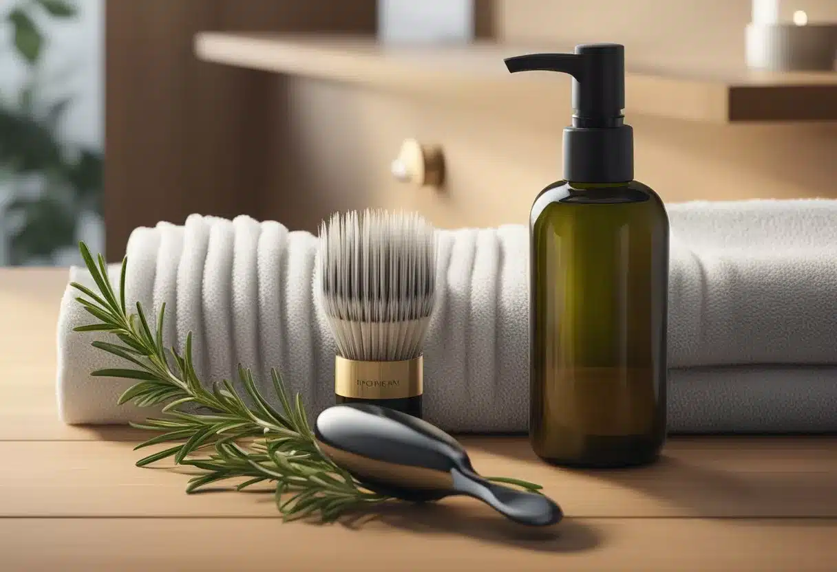 A bottle of rosemary oil sits next to a hairbrush and towel, emphasizing safety and precautions for hair care