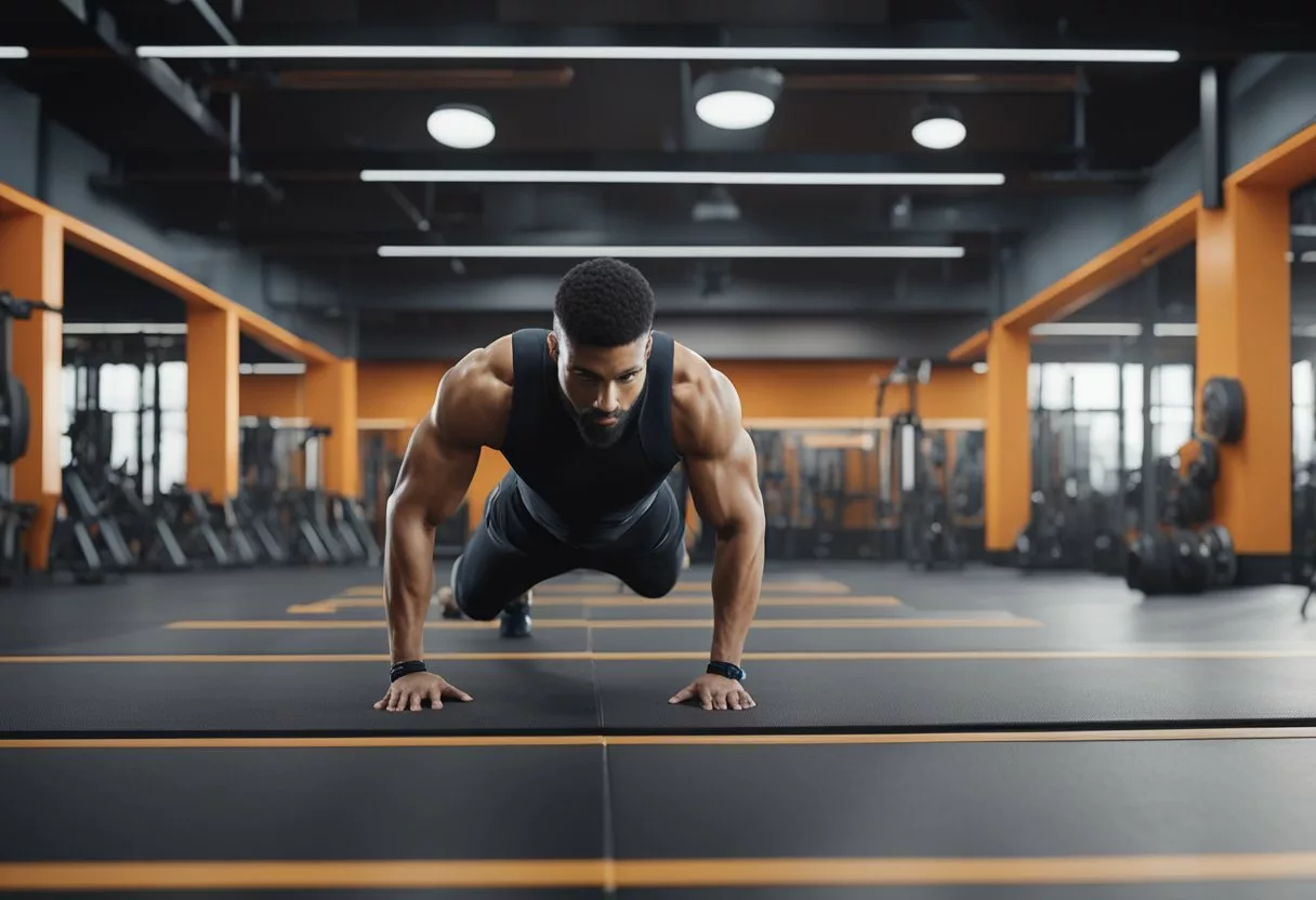 A person performs push-ups and pull-ups in a gym