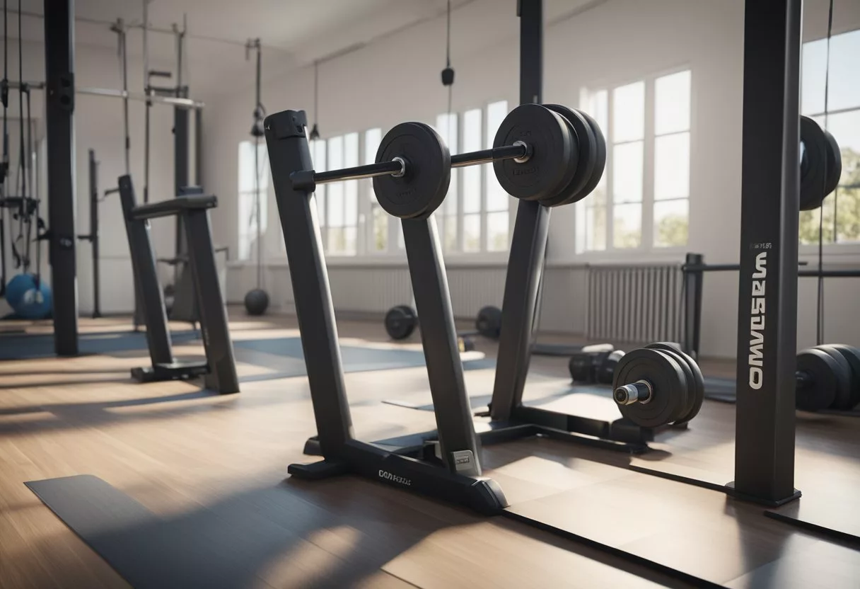 Dumbbells and resistance bands arranged for push-pull workout