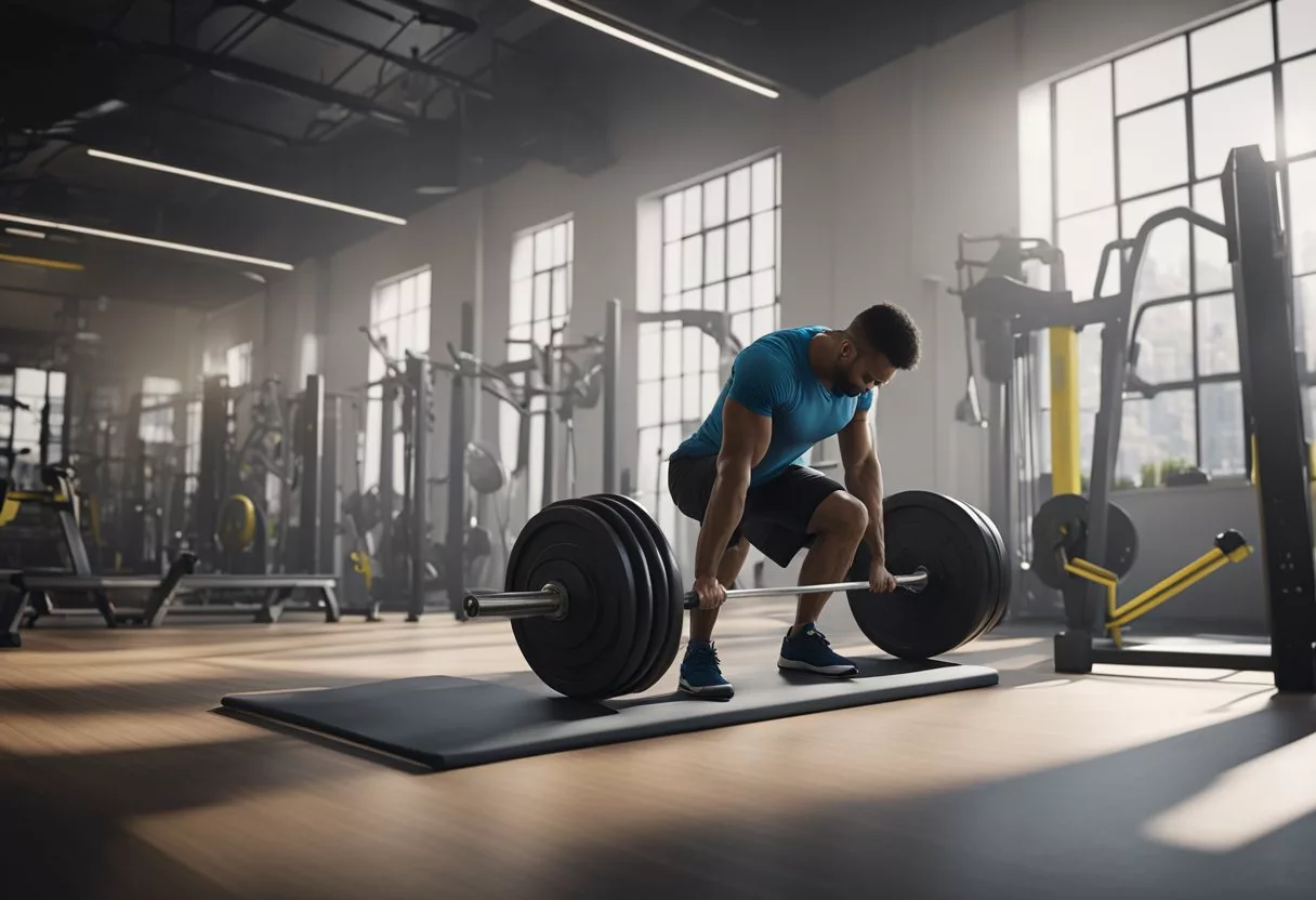 A gym with weightlifting equipment, dumbbells on one side, and resistance bands on the other. A person is performing a push exercise on one end, and a pull exercise on the other end