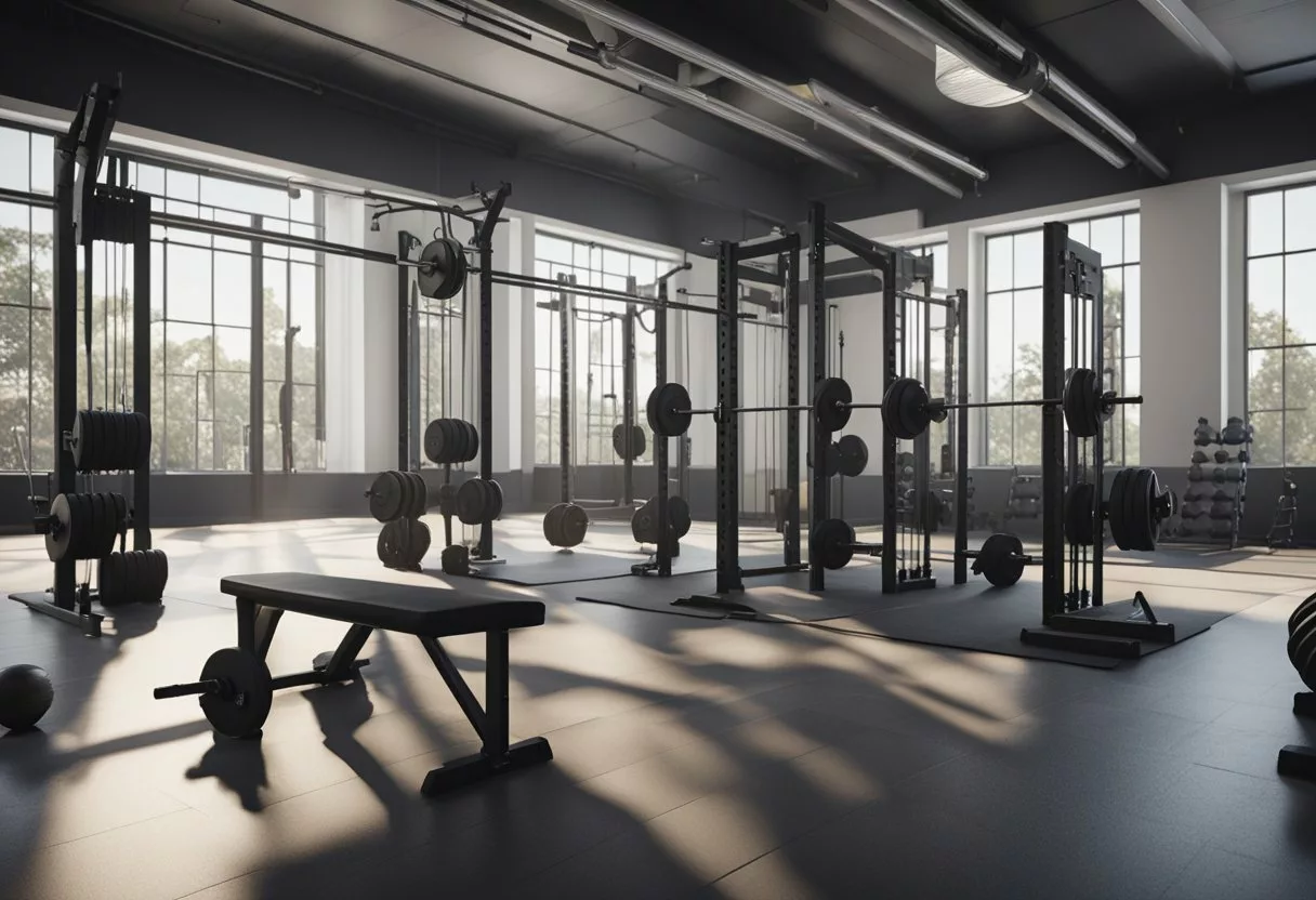 A gym with weightlifting equipment, barbells, and resistance bands. One side for pushing exercises like bench press, and the other for pulling exercises like rows