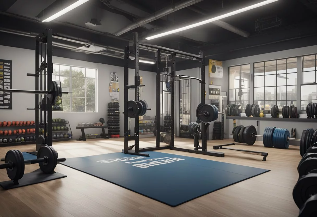 A weightlifting gym with various equipment, protein powder and supplements on display, and a whiteboard with a push-pull workout routine written on it